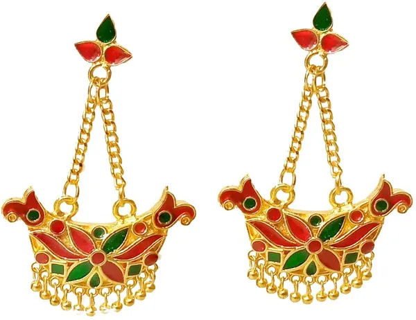 Assamese_Traditional_Copper_Gold_Plated_Red_Green_Colour_Jhumki_Earring_For_Girls_&_Women